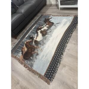 Horses Stampede Winter Scene Throw Blanket Afghan Tapestry 70”x54” EUC